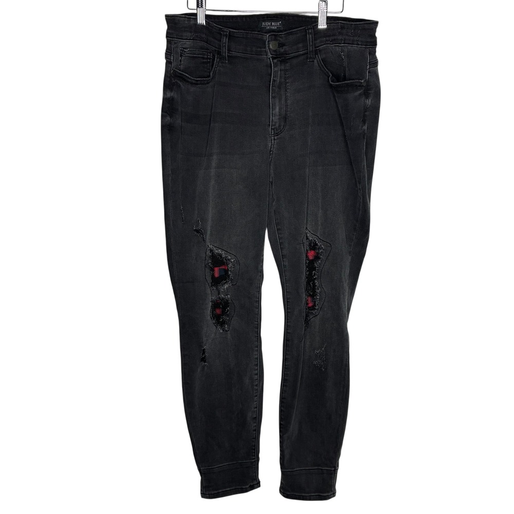 Judy Blue Womens 18W Black Jeans Distressed Plaid Patch Skinny High‎ Rise Denim
